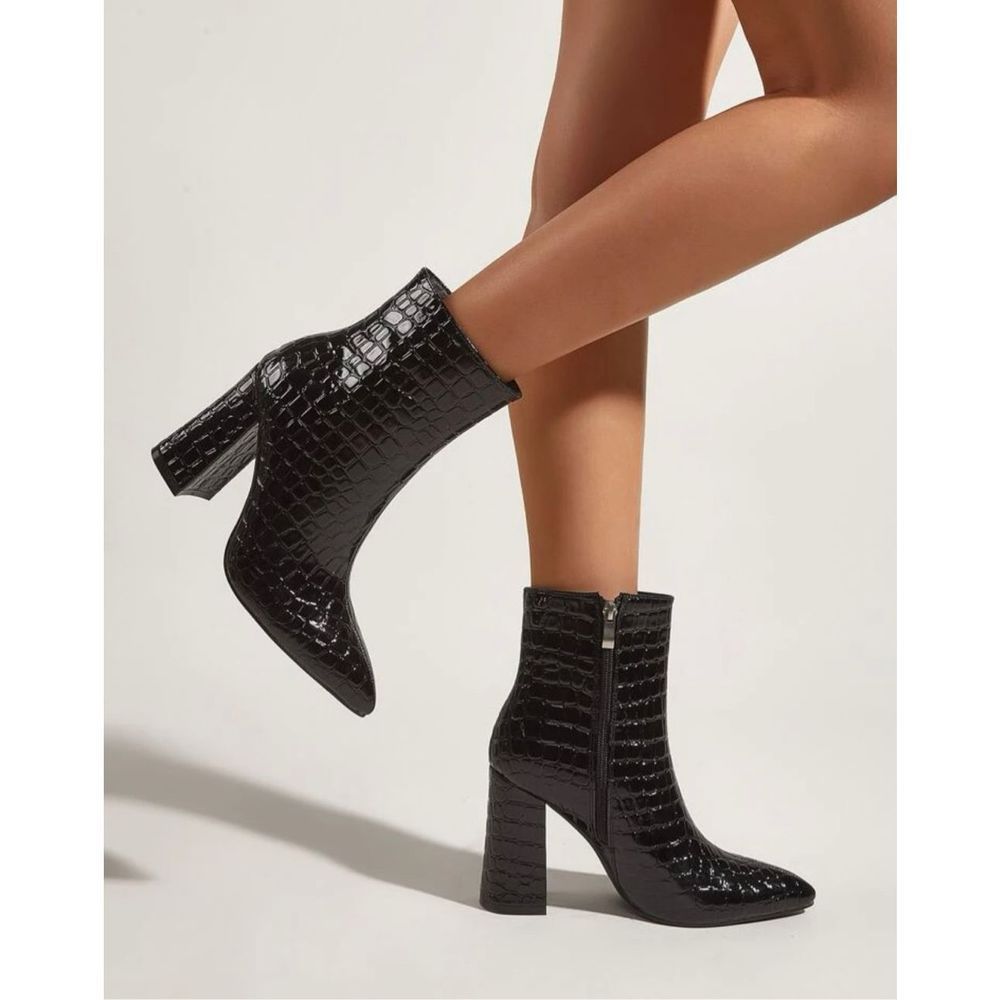 Side Zip Croc Embossed Chunky Heeled Boots - Picture 2 of 4